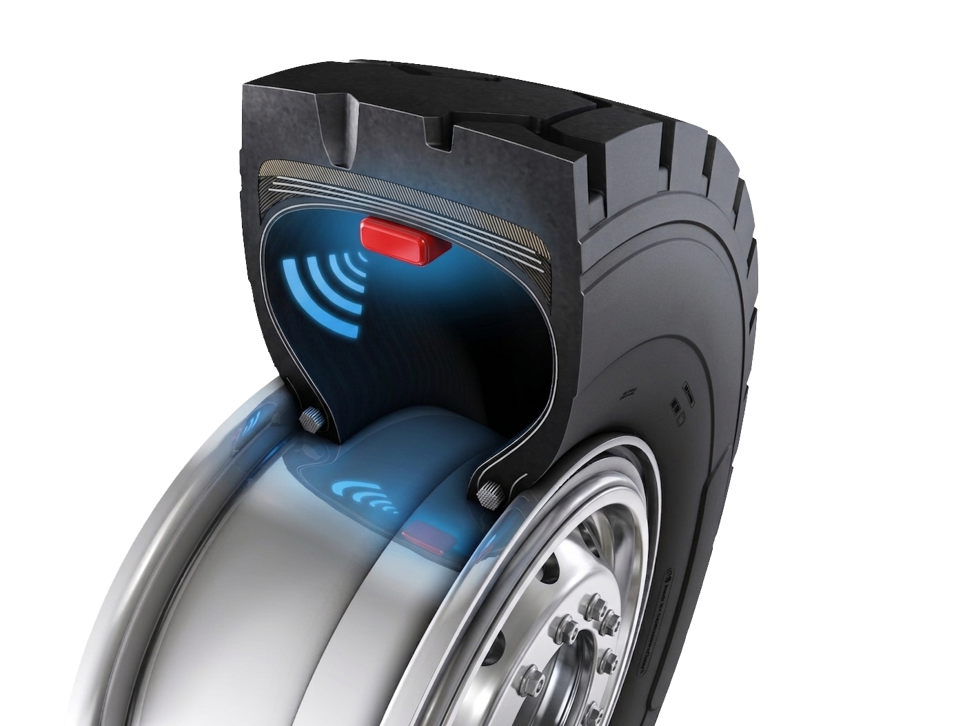 Sensore IR montato su pneumatico OTR per rilevazione automatica di usura e pressione